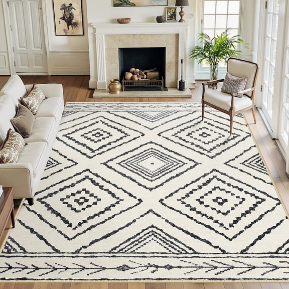 NewBuros 8'x10' Area Rugs for Living Room, Non-Slip Machine Washable Rugs, Soft Stain Resistant Low Pile Vintage Distressed Print Western Indoor Carpet, White & Black