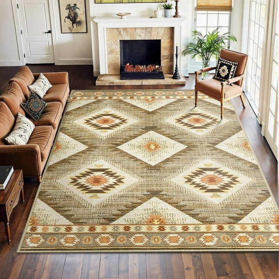 NewBuros 8'x10' Area Rugs for Living Room, Non-Slip Machine Washable Rugs, Soft Stain Resistant Low Pile Vintage Distressed Print Western Indoor Carpet, Camel