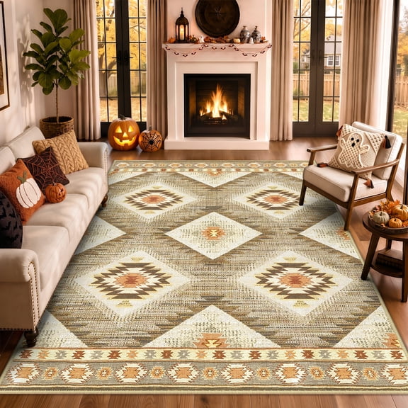 NewBuros 8'x10' Area Rug for Living Room, Machine Washable Non-Slip Rug, Soft Low Pile Stain Resistant Vintage Western Indoor Rug for Bedroom Dining Room, Camel