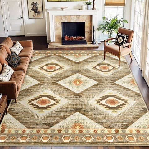 NewBuros 8'x10' Area Rug for Living Room, Machine Washable Non-Slip Rug, Soft Low Pile Stain Resistant Vintage Western Indoor Rug for Bedroom Dining Room, Camel
