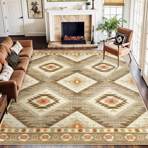 NewBuros 8'x10' Area Rug for Living Room, Machine Washable Non-Slip Rug, Soft Low Pile Stain Resistant Vintage Western Indoor Rug for Bedroom Dining Room, Camel