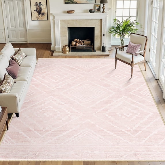 NewBuros 8'x10' Area Rugs for Living Room, Non-Slip Machine Washable Rugs, Soft Stain Resistant Low Pile Vintage Distressed Print Western Indoor Carpet, Light Pink