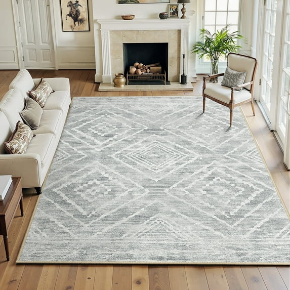 NewBuros 8'x10' Area Rugs for Living Room, Non-Slip Machine Washable Rugs, Soft Stain Resistant Low Pile Vintage Distressed Print Western Indoor Carpet, Light Gray