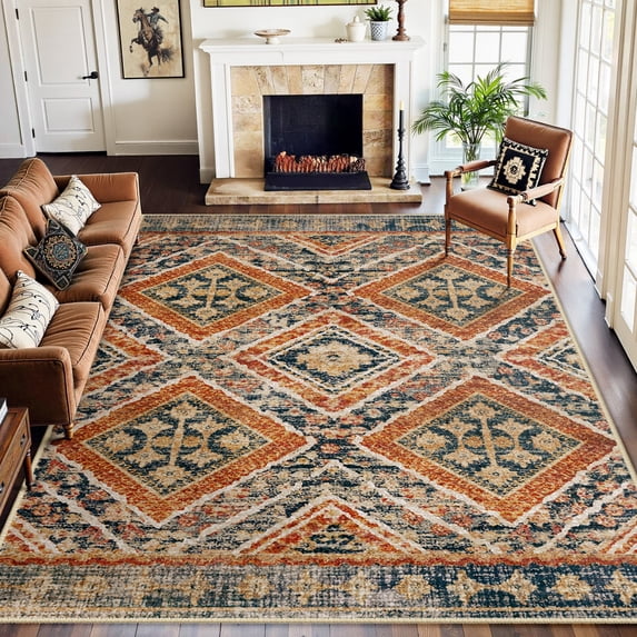NewBuros 8'x10' Area Rugs for Living Room, Non-Slip Machine Washable Rugs, Soft Stain Resistant Low Pile Vintage Distressed Print Western Indoor Carpet, Orange
