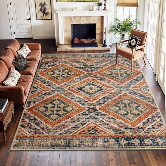 NewBuros 8'x10' Area Rugs for Living Room, Non-Slip Machine Washable Rugs, Soft Stain Resistant Low Pile Vintage Distressed Print Western Indoor Carpet, Orange