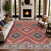 NewBuros 8'x10' Area Rug for Living Room, Machine Washable Non-Slip Rug, Soft Low Pile Stain Resistant Vintage Western Indoor Rug for Bedroom Dining Room, Red