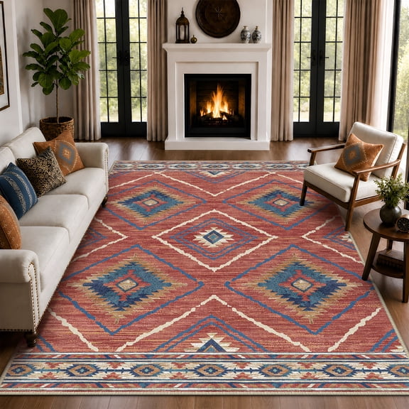 NewBuros 8'x10' Area Rug for Living Room, Machine Washable Non-Slip Rug, Soft Low Pile Stain Resistant Vintage Western Indoor Rug for Bedroom Dining Room, Red
