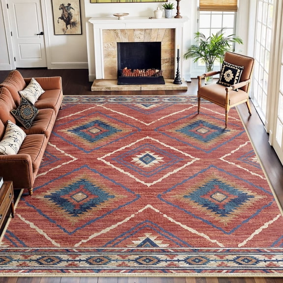 NewBuros 8'x10' Area Rug for Living Room, Machine Washable Non-Slip Rug, Soft Low Pile Stain Resistant Vintage Western Indoor Rug for Bedroom Dining Room, Red