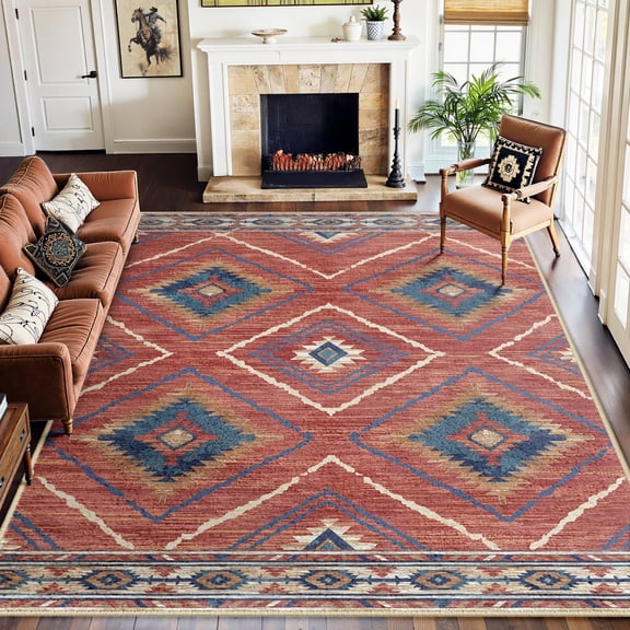 NewBuros 8'x10' Area Rugs for Living Room, Non-Slip Machine Washable Rugs, Soft Stain Resistant Low Pile Vintage Distressed Print Western Indoor Carpet, Red