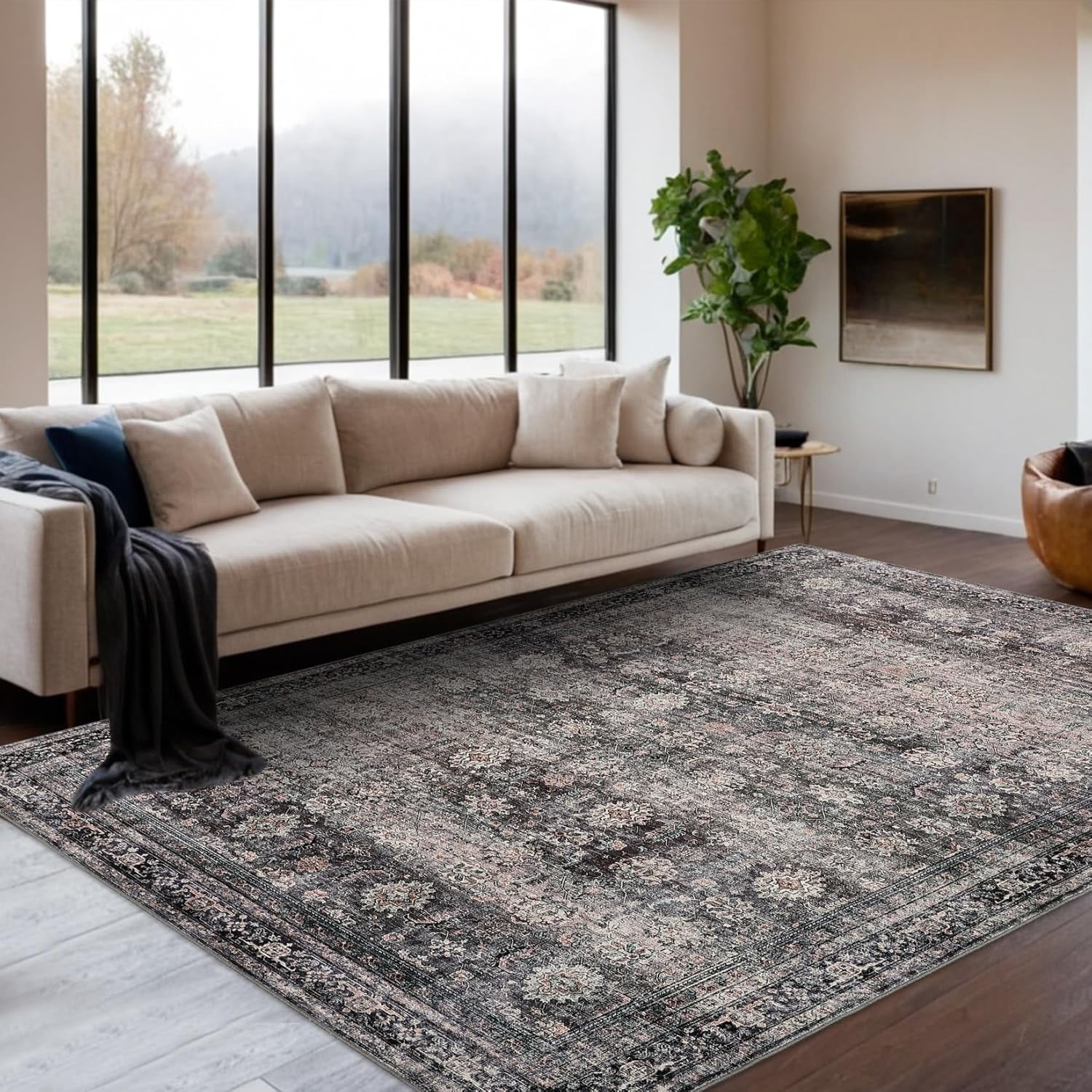 Area Rugs 8x10 Large Vintage Printed Accent with Non-Slip Backing, Stain-Resistant Oriental Living Room Rugs, Washable Farmhouse Low Pile Rugs for Bedroom, Office, Green Camel