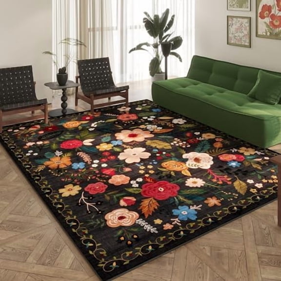 Area Rugs 8x10 Rug for Living Room Clearance Washable Boho Area Rug Non Slip Floral Vintage Low Pile Large Rug for Living Room, Bedroom, Farmhouse, Dining Room, Kids Playroom(Black)