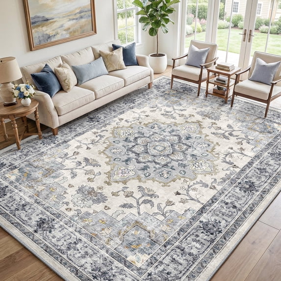 NewBuros 9'x12' Area Rugs, Machine Washable Non Slip Rugs for Living Room, Low Pile Water Repellent Soft Vintage Print Pattern Bedroom Carpet, Blue & White