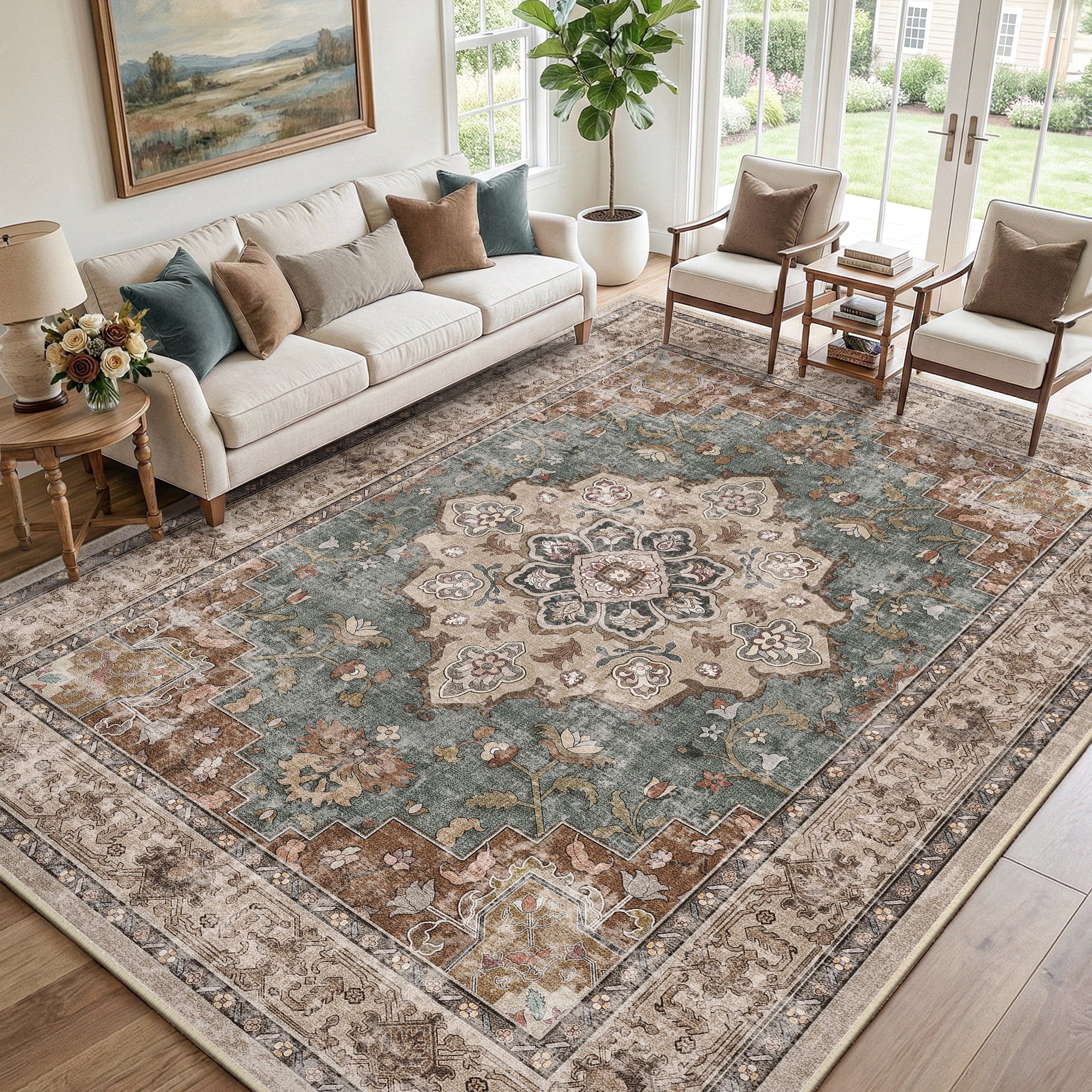 NewBuros 9'x12' Area Rugs, Machine Washable Non Slip Rugs for Living Room, Low Pile Water Repellent Soft Vintage Print Pattern Bedroom Carpet, Brick & Green