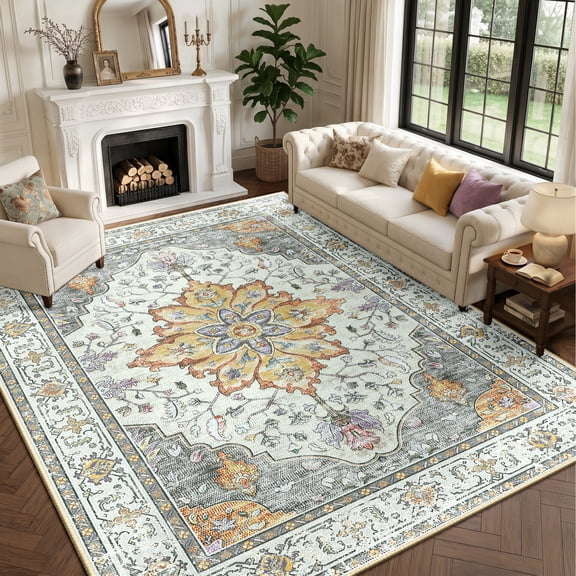 NewBuros 9'x12' Washable Area Rug for Living Room, Non Slip Vintage Distress Print Pattern Floral Rug, Soft Low Pile Indoor Carpet for Bedroom Dining Room, Light Yellow Gray