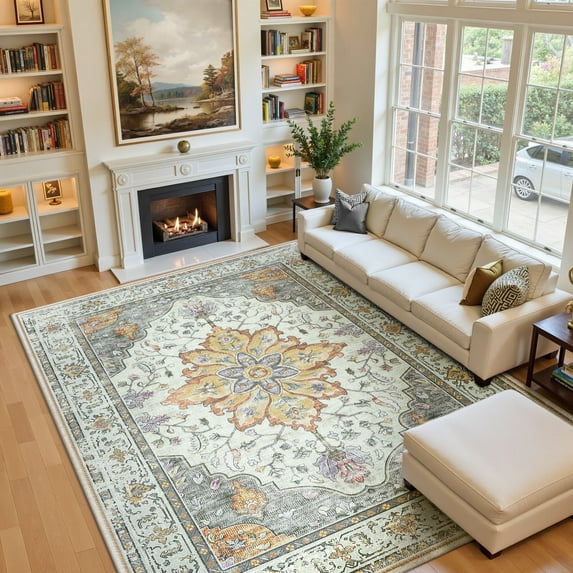 NewBuros Area Rugs 9'x12' Non-Slip Washable, Floral Vintage Distress Print Pattern Low Pile Soft Indoor Rugs for Living Room Bedroom Dining Room, Light Yellow Gray