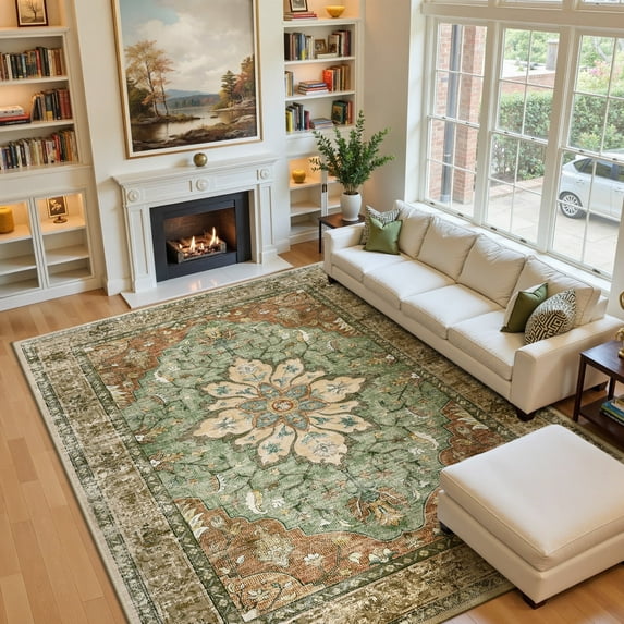 NewBuros Area Rugs 9'x12' Non-Slip Washable, Floral Vintage Distress Print Pattern Low Pile Soft Indoor Rugs for Living Room Bedroom Dining Room, Brick Red Green