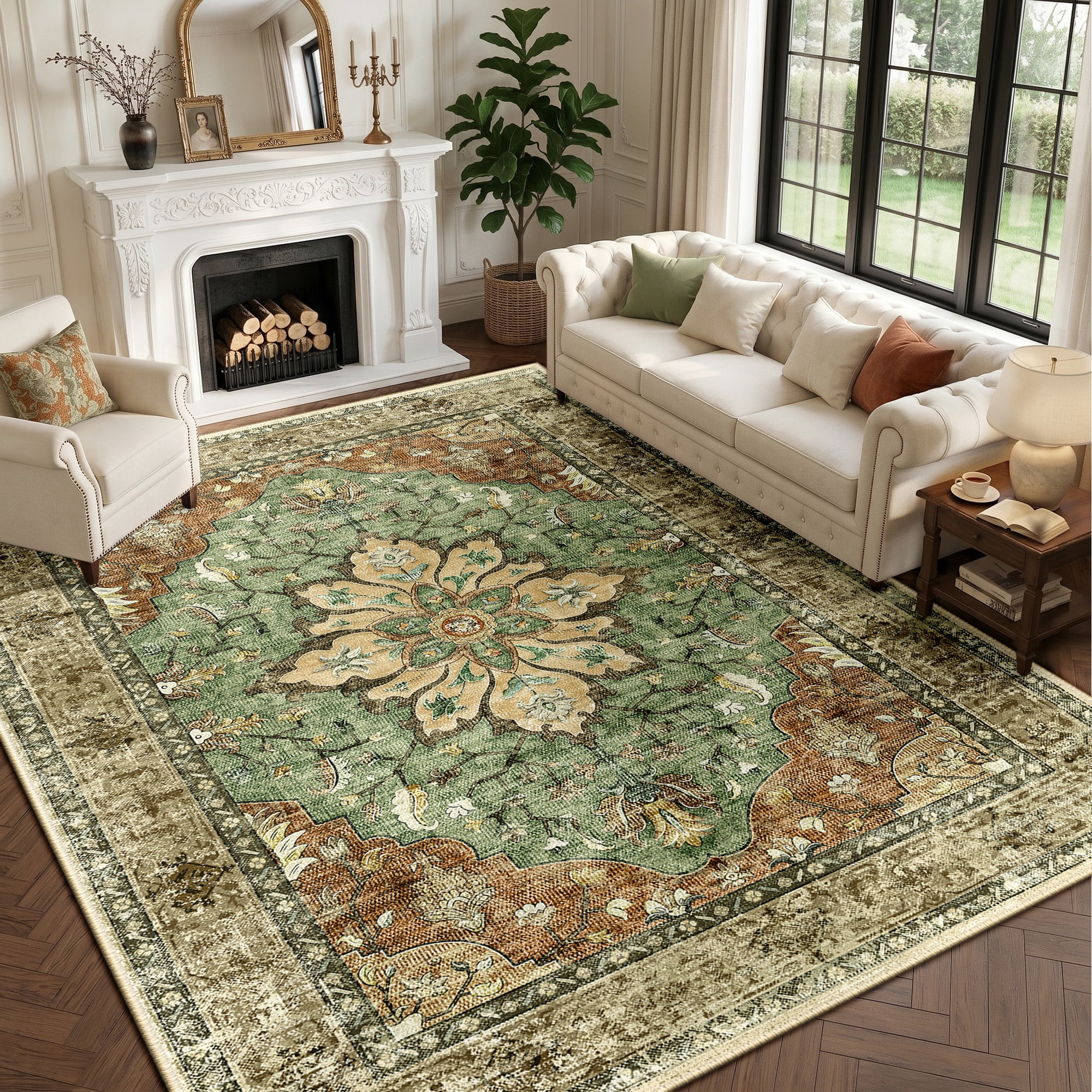 NewBuros 9'x12' Washable Area Rug for Living Room, Non Slip Vintage Distress Print Pattern Floral Rug, Soft Low Pile Indoor Carpet for Bedroom Dining Room, Brick Red Green