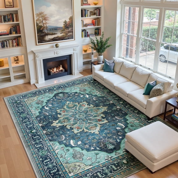NewBuros 9'x12' Washable Area Rug for Living Room, Non Slip Vintage Distress Print Pattern Floral Rug, Soft Low Pile Indoor Carpet for Bedroom Dining Room, Teal Green