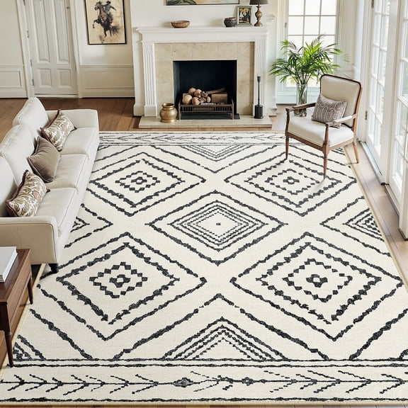 NewBuros 9'x12' Area Rugs for Living Room, Non-Slip Machine Washable Rugs, Soft Stain Resistant Low Pile Vintage Distressed Print Western Indoor Carpet, White & Black