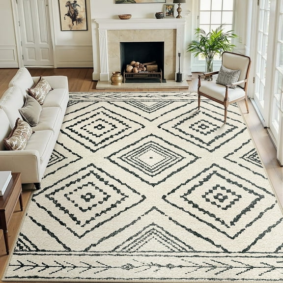 NewBuros 9'x12' Area Rugs for Living Room, Non-Slip Machine Washable Rugs, Soft Stain Resistant Low Pile Vintage Distressed Print Western Indoor Carpet, White & Black