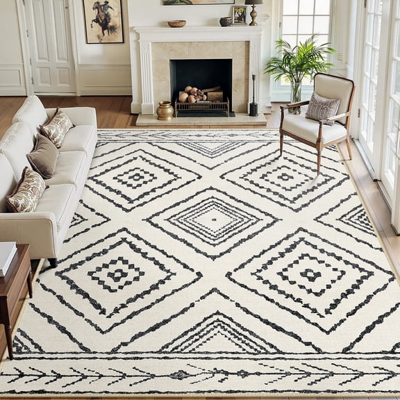 NewBuros 9'x12' Area Rug for Living Room, Machine Washable Non-Slip Rug, Soft Low Pile Stain Resistant Vintage Western Indoor Rug for Bedroom Dining Room, White & Black
