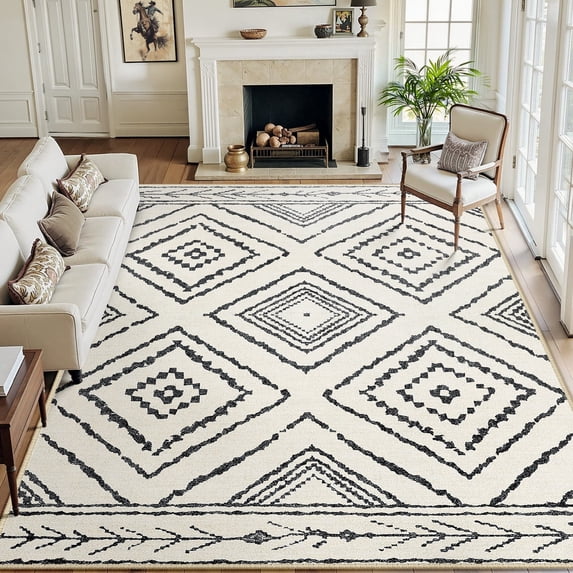 NewBuros 9'x12' Area Rug for Living Room, Machine Washable Non-Slip Rug, Soft Low Pile Stain Resistant Vintage Western Indoor Rug for Bedroom Dining Room, White & Black