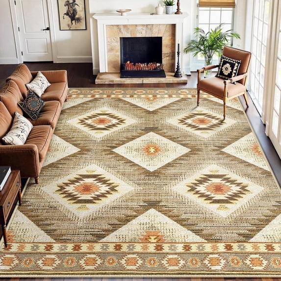 NewBuros 9'x12' Area Rugs for Living Room, Non-Slip Machine Washable Rugs, Soft Stain Resistant Low Pile Vintage Distressed Print Western Indoor Carpet, Camel