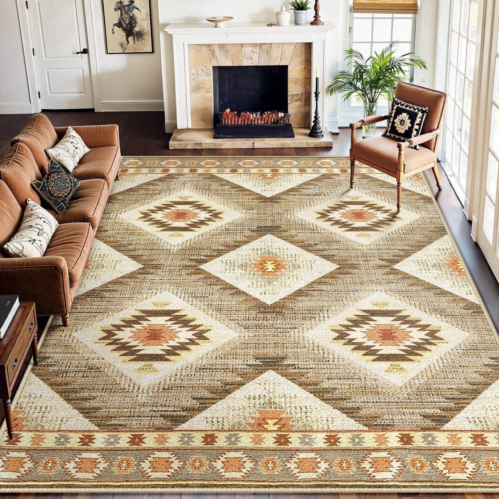 NewBuros 9'x12' Area Rug for Living Room, Machine Washable Non-Slip Rug, Soft Low Pile Stain Resistant Vintage Western Indoor Rug for Bedroom Dining Room, Camel