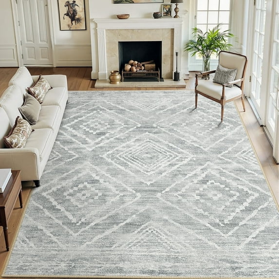 NewBuros 9'x12' Area Rugs for Living Room, Non-Slip Machine Washable Rugs, Soft Stain Resistant Low Pile Vintage Distressed Print Western Indoor Carpet, Light Gray