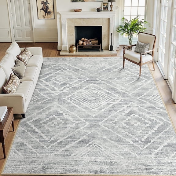 NewBuros 9'x12' Area Rug for Living Room, Machine Washable Non-Slip Rug, Soft Low Pile Stain Resistant Vintage Western Indoor Rug for Bedroom Dining Room, Light Gray