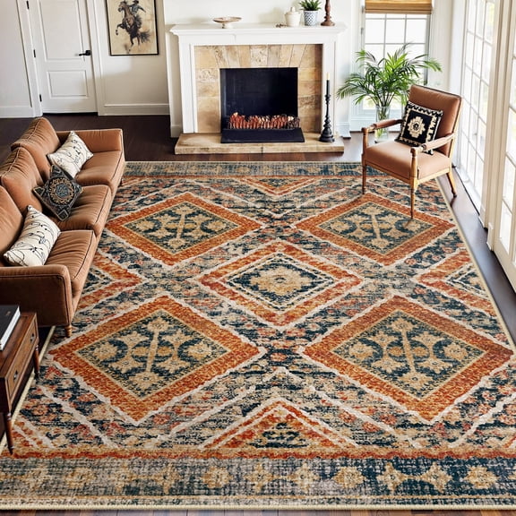 NewBuros 9'x12' Area Rug for Living Room, Machine Washable Non-Slip Rug, Soft Low Pile Stain Resistant Vintage Western Indoor Rug for Bedroom Dining Room, Orange