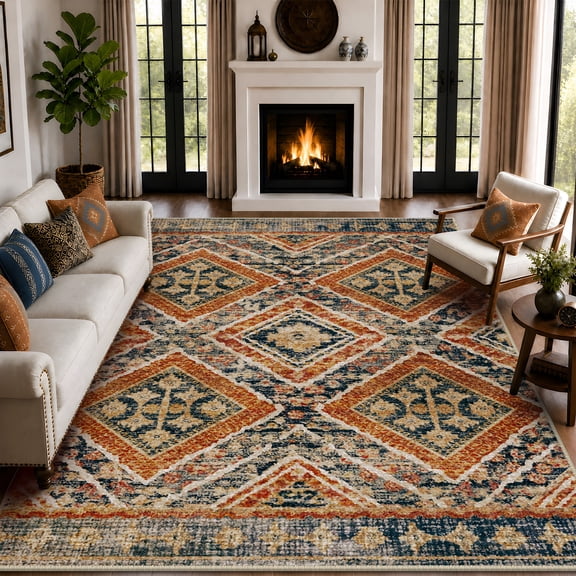 NewBuros 9'x12' Area Rug for Living Room, Machine Washable Non-Slip Rug, Soft Low Pile Stain Resistant Vintage Western Indoor Rug for Bedroom Dining Room, Orange