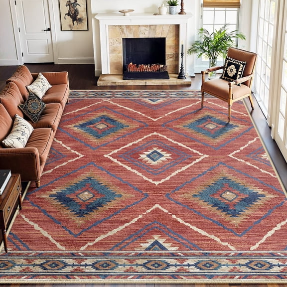 NewBuros 9'x12' Area Rugs for Living Room, Non-Slip Machine Washable Rugs, Soft Stain Resistant Low Pile Vintage Distressed Print Western Indoor Carpet, Red