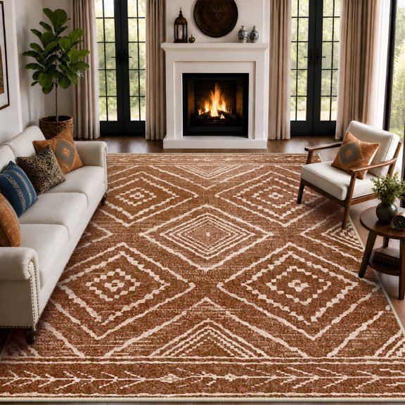 NewBuros 9'x12' Area Rug for Living Room, Machine Washable Non-Slip Rug, Soft Low Pile Stain Resistant Vintage Western Indoor Rug for Bedroom Dining Room, Yellowbrown