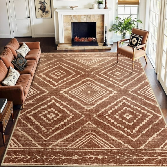 NewBuros 9'x12' Area Rugs for Living Room, Non-Slip Machine Washable Rugs, Soft Stain Resistant Low Pile Vintage Distressed Print Western Indoor Carpet, Yellowbrown