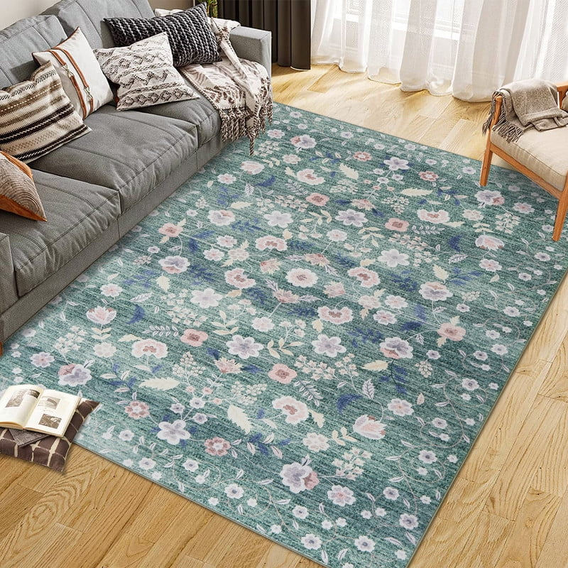 Area Rugs 9'x12' Washable Floral Rugs for Living Room Non Slip Low Pile Carpet for Office Bedroom Kids Room Bedside Green
