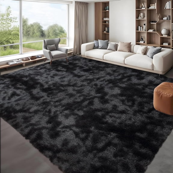 Area Rugs 9x12 Living Room Large Shag Rug, Washable Soft Thick Nursery Carpet, Bedroom Plush Floor Mat for Boy Girl Room Dorm Home Decor, Tie-Dyed Black Grey Non Slip Indoor Low Pile