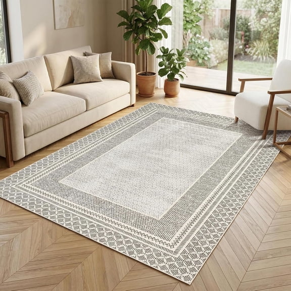 Area Rugs 9x12 Living Room Washable Rug Border Modern Neutral Rugs for Bedroom Large Rug Stain Resistant Low Pile Non Slip Non Shedding Throw Rugs for Dining Room Nursery Apartment，Taupe