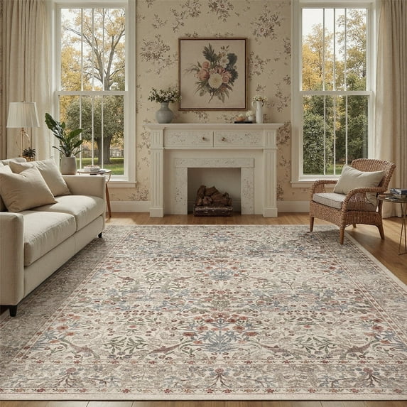 Area Rugs 9x12, Machine Washable Non Slip Stain Resistant Soft Vintage Floral Rug, for Living Room, Bedroom, Playroom, Soft Low Pile Large Carpet-Beige