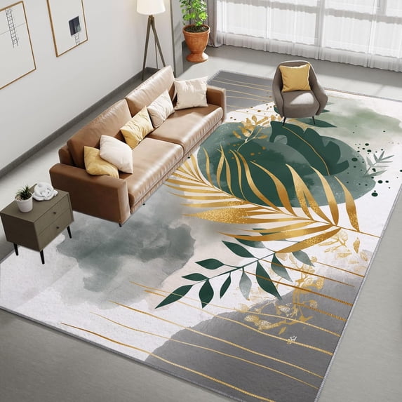 Area Rugs, Abstract Palm Leaf Gold Foil Rug Home Modern Carpet, Painted Style Carpet Non-Slip Carpets Rectangle Rug For Living Room, Bedroom, Office And Indoor Decoration