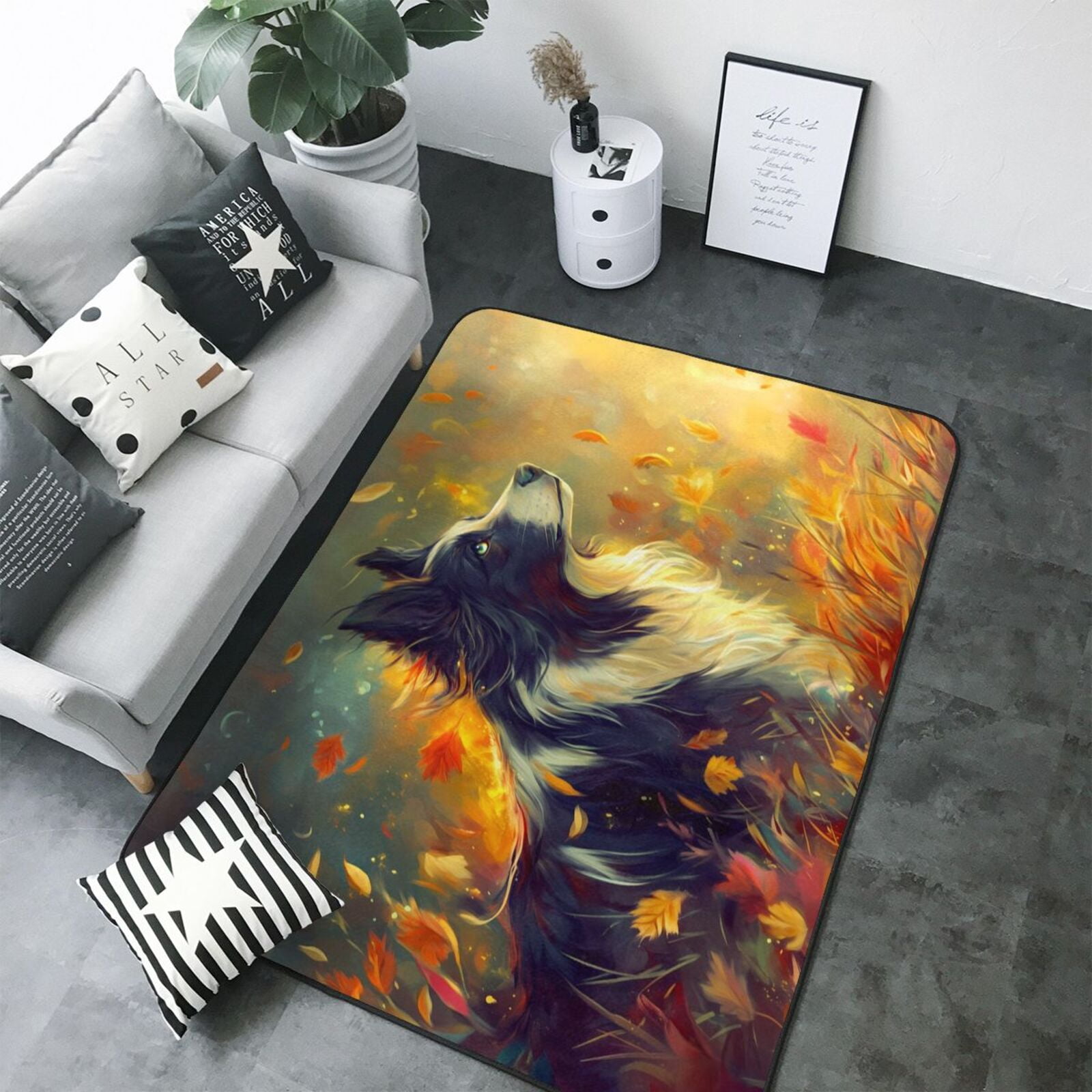 Area Rugs, Autumn Countryside Border Collie Washable Large Rugs for