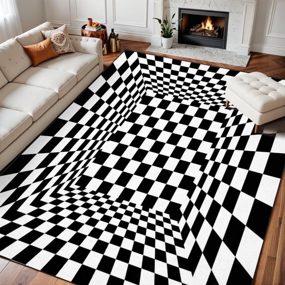 Area Rugs For Bedroom Boho Washable Rug For Living Room Abstract Black White Checkered House Seamless Carpet For Dining Room Soft Rubber Backed Non-Slip Carpets For Bedroom Office 5x6ft