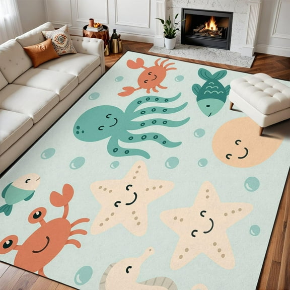 Area Rugs For Bedroom Boho Washable Rug For Living Room Seamless Pattern Underwater World Pattern Kids Marine Life Sea Carpet For Dining Room Bedroom Non-Slip Carpets 4x6ft