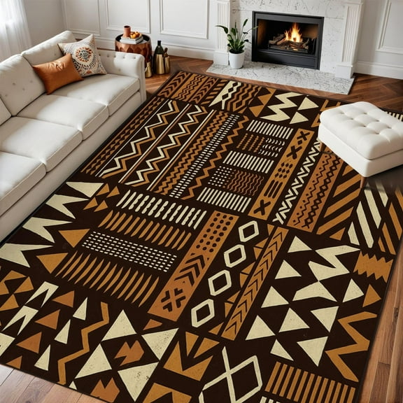 Area Rugs For Bedroom Boho Washable Rug For Living Room Tribal African Style Fabric Patchwork Abstract Seamless Pattern Ethnic Carpet For Dining Room Bedroom Non-Slip Carpets 5x7ft