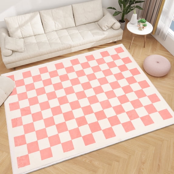 Area Rugs for Bedroom Living Room, 3' x 5' Checkered Rug Retro Checkerboard Moroccan Rug Lightweight Outdoor Washable Carpet Rustic Decor for Living Room Bedroom Kitchen Patio(Pink/White)