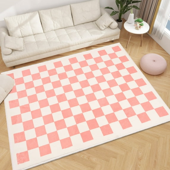 Area Rugs for Bedroom Living Room, 5' x 6.6' Ft Checkered Rug Retro Checkerboard Moroccan Rug Lightweight Outdoor Washable Carpet Rustic Decor for Living Room Bedroom Kitchen Patio(Pink/White)
