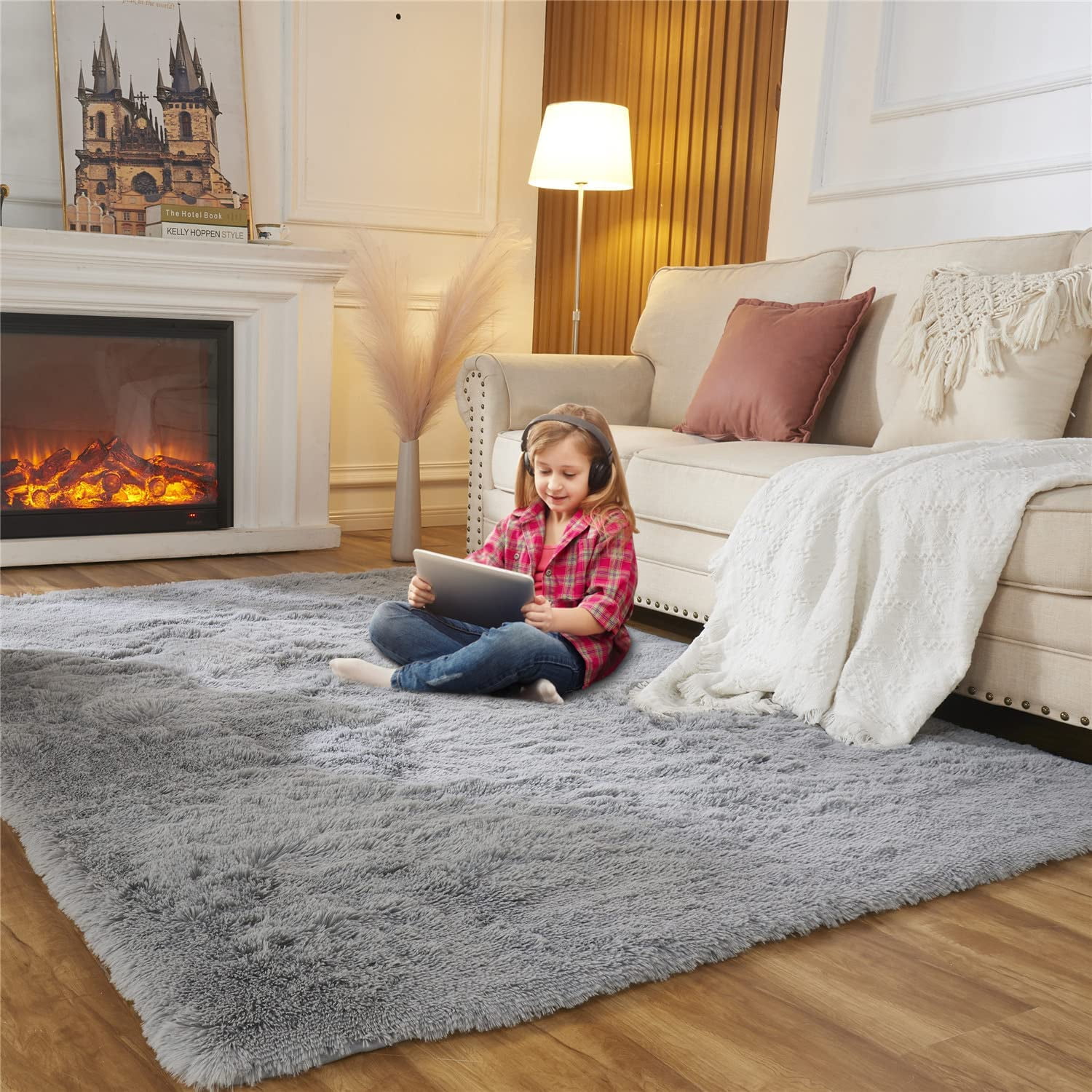 Area Rugs for Bedroom Living Room, 6ft x 9ft Light Gray Fluffy Carpet