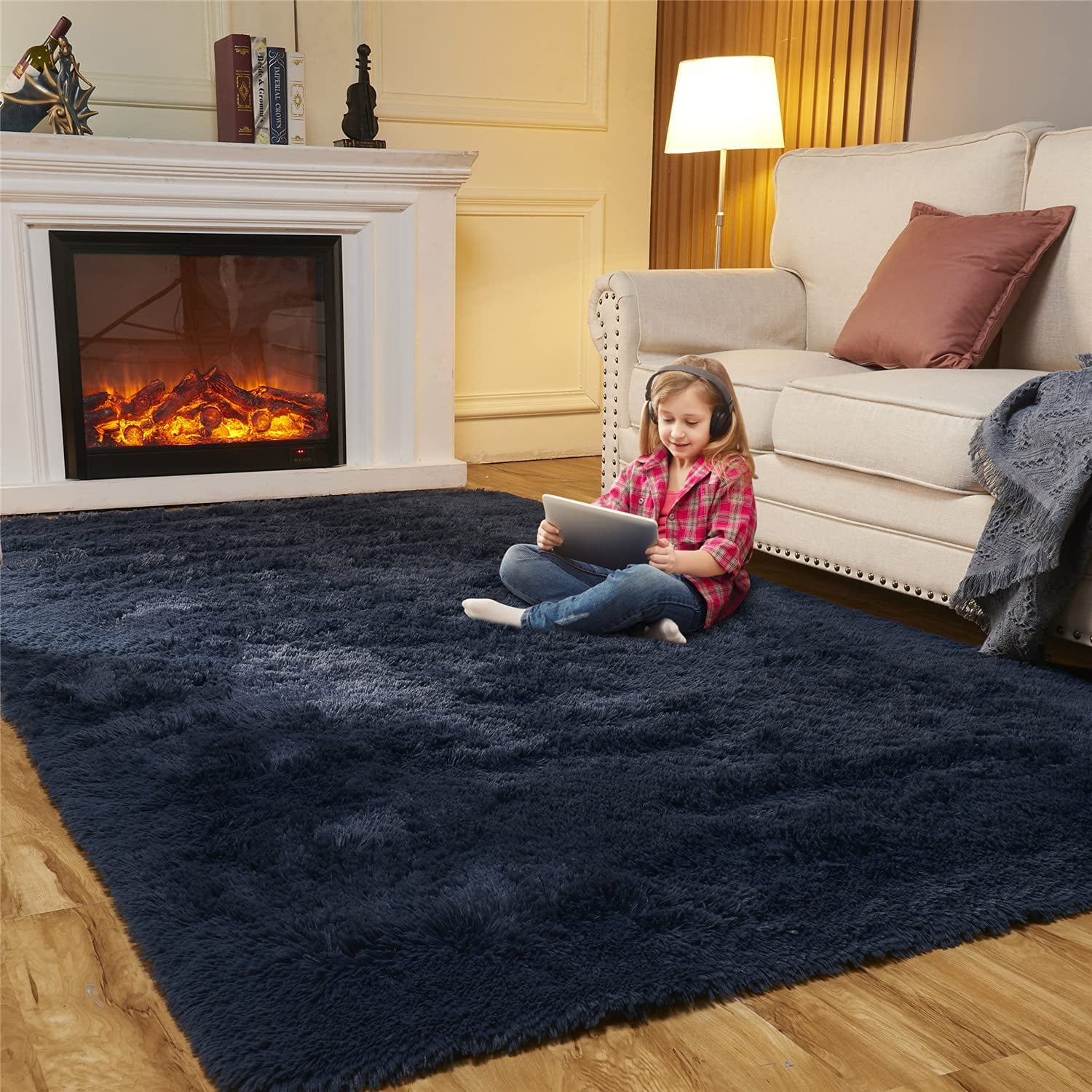 Area Rugs for Bedroom Living Room 8ft x 10ft Black Fluffy Carpet for