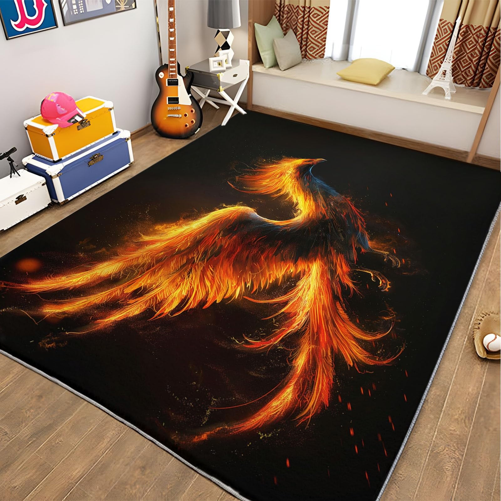 Area Rugs Black Rectangle Carpet, Fantasy Art Animal Phoenix Design Non ...