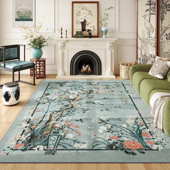 Area Rugs Chinoiserie-Style Floral Vintage Large Washable Rug Non Slip Low Pile For Living Room, Bedroom, Farmhouse, Dining Room, Kids Playroom, Blue 3x5ft